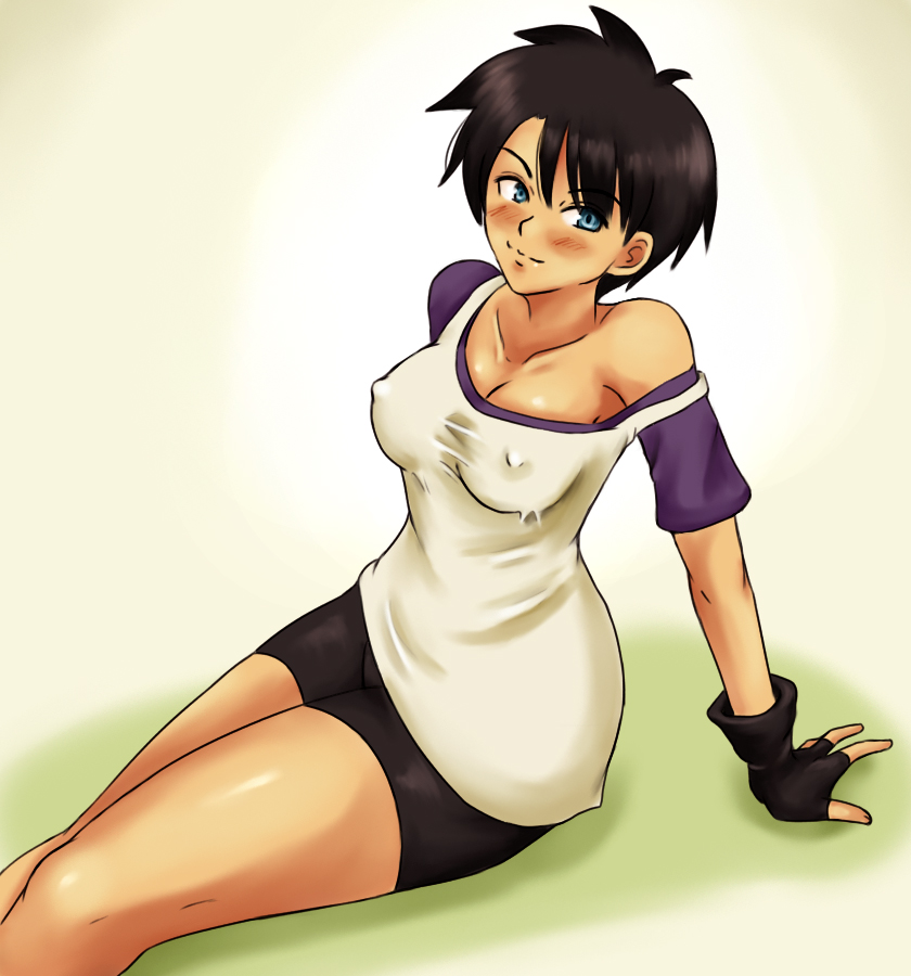 momo 765, rirakukan, videl, dragon ball, dragonball z, 1girl, blush, breasts, cleavage, female focus, gradient background, smile, solo, white background