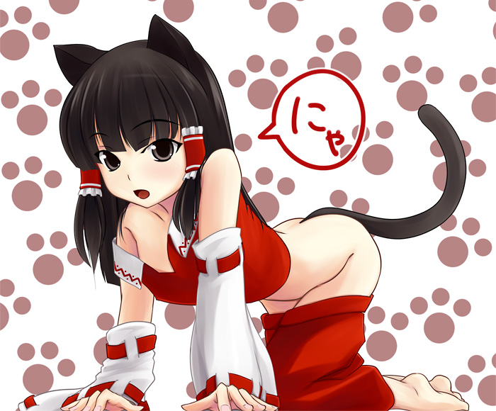 akai ronii, hakurei reimu, touhou, bad id, bad pixiv id, 1girl, all fours, animal ears, bare shoulders, barefoot, black eyes, black hair, brown hair, cat ears, cat girl, cat tail, clothes pull, detached sleeves, feet, female focus, kemonomimi mode, no panties, nyan, off shoulder, paw print, short hair, skirt, skirt pull, solo, tail