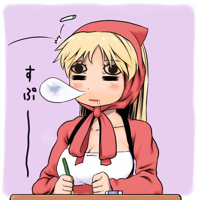 tsukudani (coke-buta), ninja (fft), final fantasy, final fantasy tactics, bad id, bad pixiv id, 1girl, = =, blonde hair, blush, chalk, closed eyes, desk, drooling, eraser, facepaint, female focus, hood, nose bubble, pencil, saliva, sleeping, solo, wooden pencil
