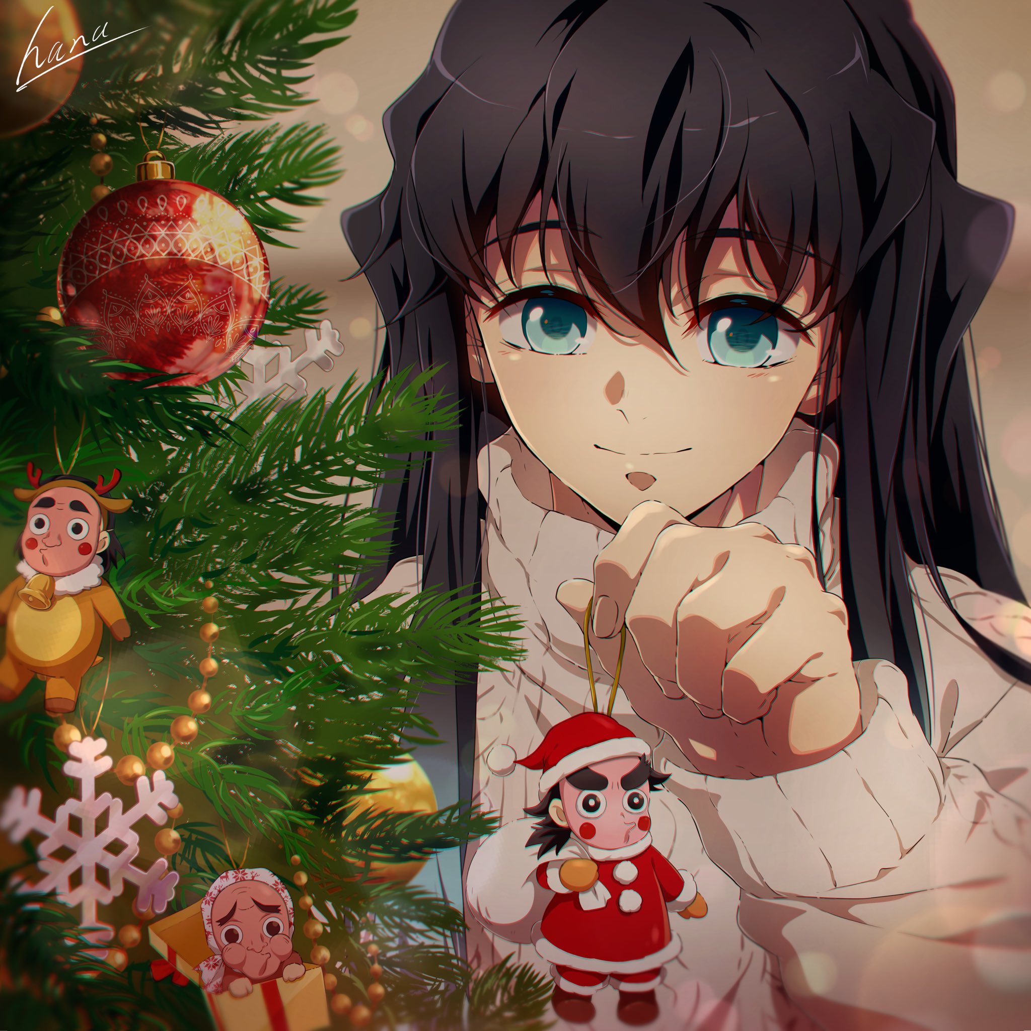 hana ni nare, tokitou muichirou, kimetsu no yaiba, commentary request, highres, alternate costume, aqua eyes, aqua hair, black hair, closed mouth, long hair, long sleeves, male focus, multicolored hair, smile, sweater, turtleneck, turtleneck sweater, two-tone hair, white sweater