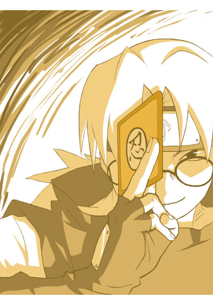 nintenekaki, yakushi kabuto, naruto (classic), naruto (series), 1boy, evil grin, evil smile, fingerless gloves, forehead protector, glasses, gloves, grin, male focus, monochrome, smile, solo, upper body, white hair