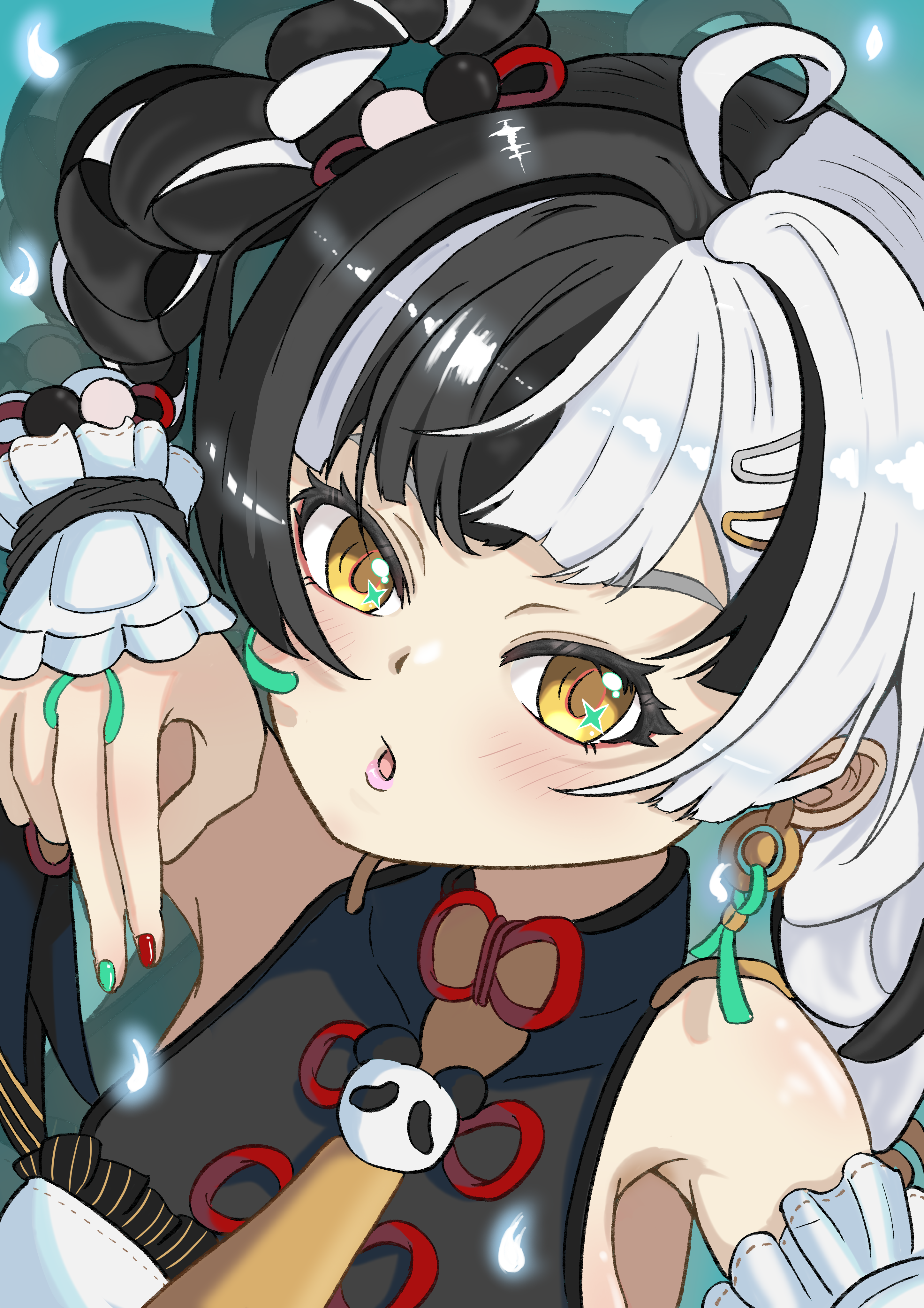 dialyn (zenless zone zero), zenless zone zero, absurdres, commentary request, highres, 1girl, bare shoulders, black hair, bontensaboten, braid, braided twintails, china dress, chinese clothes, detached sleeves, dress, earrings, jewelry, looking at viewer, multicolored hair, necktie, open mouth, solo, split-color hair, white hair