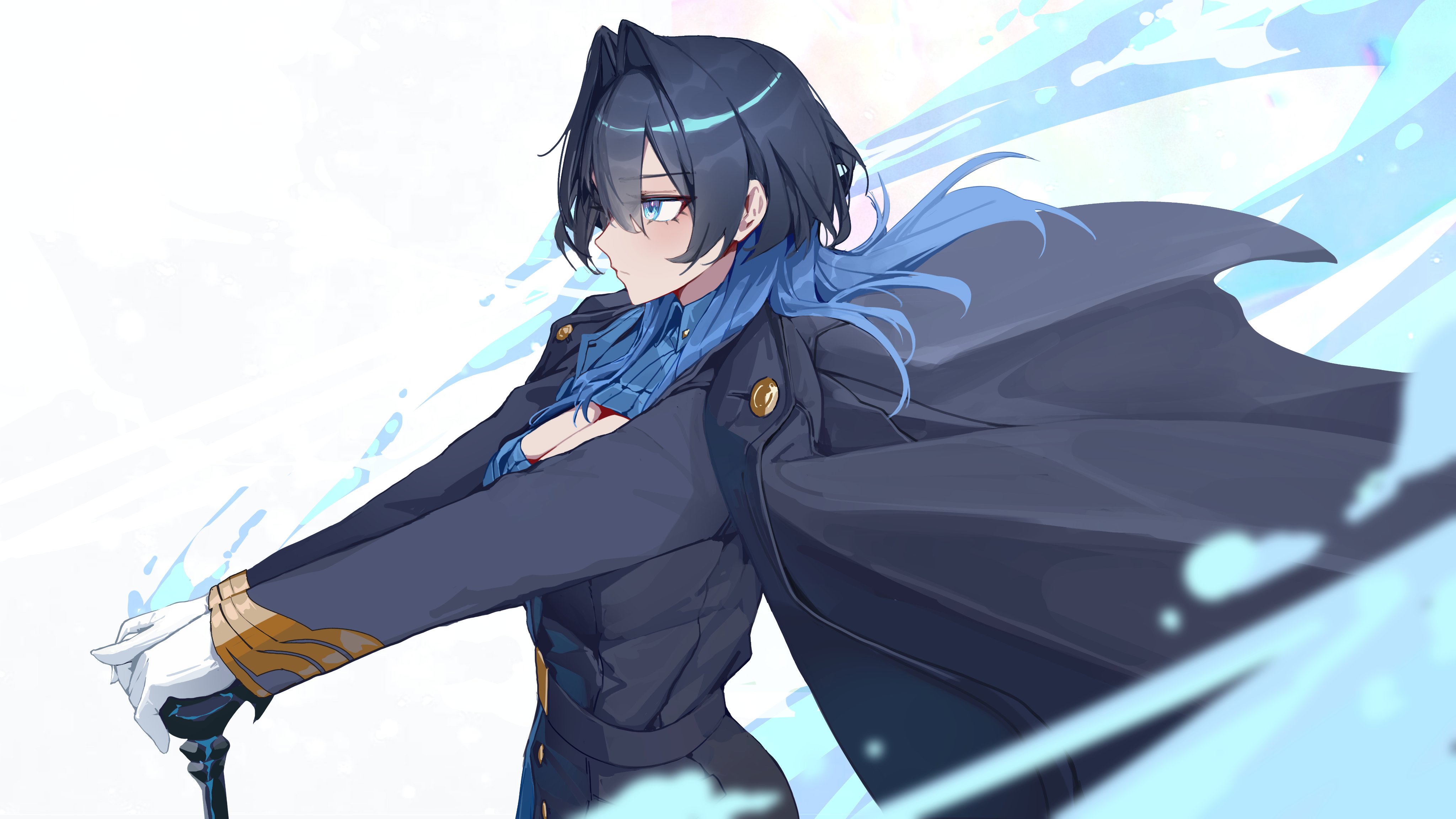 yoellim5, ouro kronii, ouro kronii (4th costume), hololive, hololive english, absurdres, commentary, english commentary, highres, 1girl, black hair, black jacket, blue eyes, blue hair, blue shirt, breasts, cleavage, cleavage cutout, clothing cutout, gloves, hair intakes, jacket, large breasts, looking at viewer, official alternate costume, shirt, solo, virtual youtuber, white background, white gloves