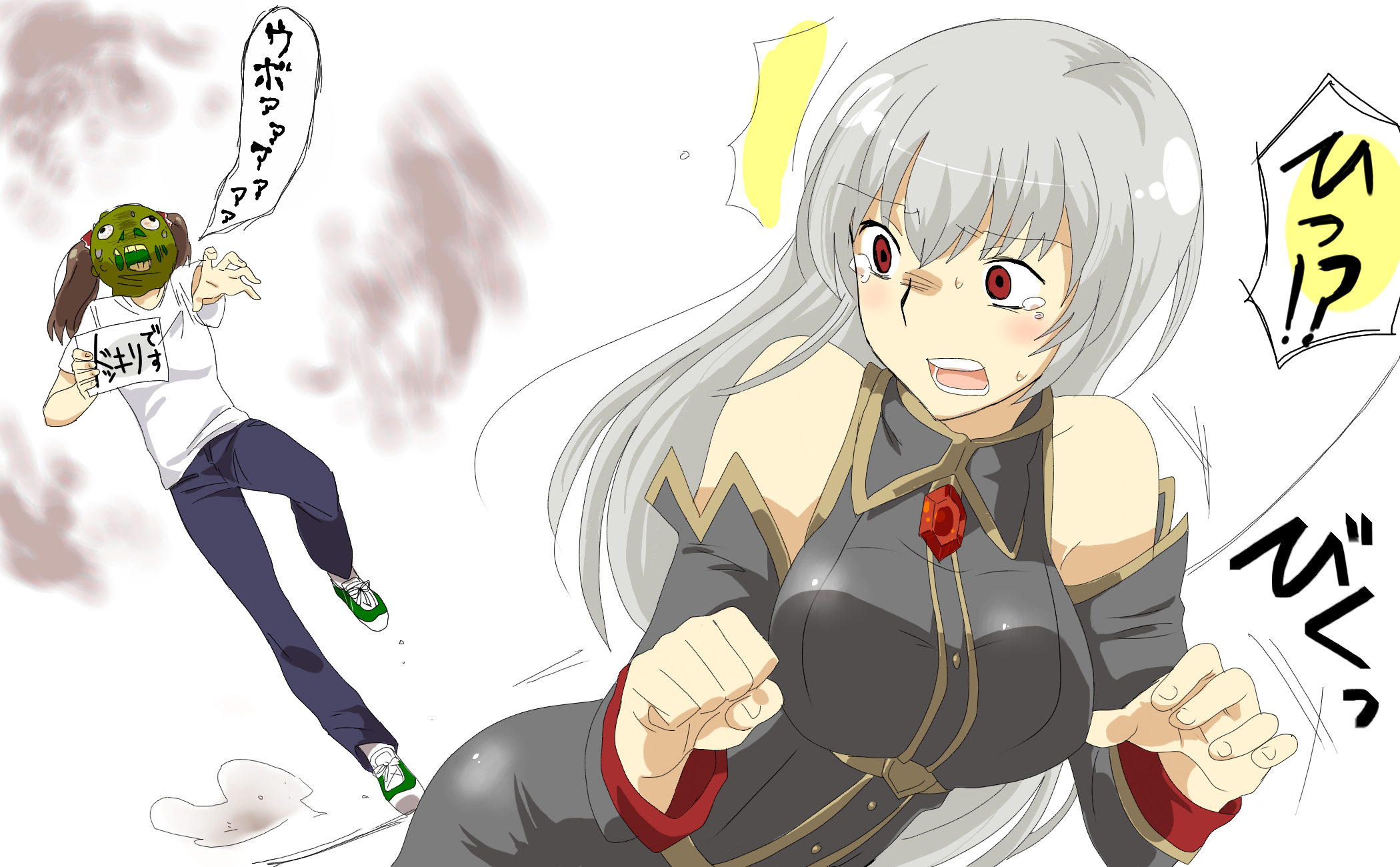 alicia melchiott, selvaria bles, senjou no valkyria, senjou no valkyria (series), senjou no valkyria 1, silver hair, highres, 00s, blush, brown hair, detached sleeves, long hair, military, military uniform, pants, red eyes, shirt, tears