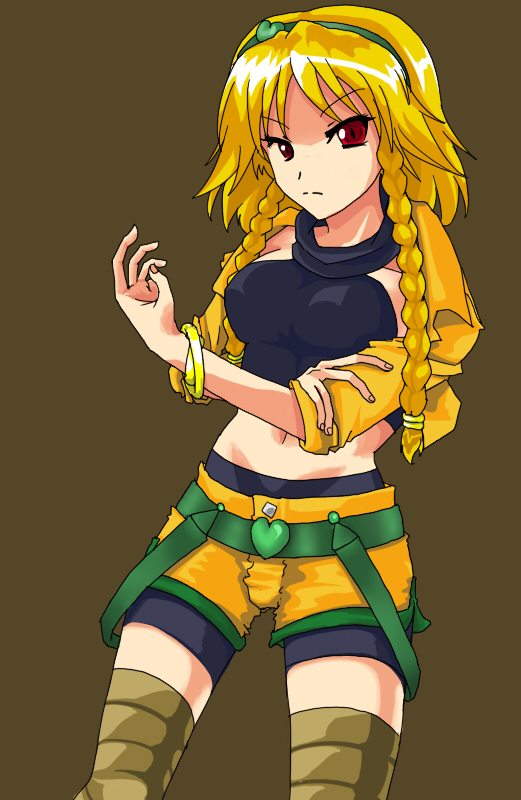 nagatuki-lime, dio brando, izayoi sakuya, jojo no kimyou na bouken, touhou, touhou hisoutensoku, 1girl, alphes (style), belt, blonde hair, bracelet, braid, breasts, crossover, female focus, fusion, hairband, jewelry, midriff, navel, parody, red eyes, short hair, shorts, simple background, solo, style parody, thighhighs, twin braids, zettai ryouiki