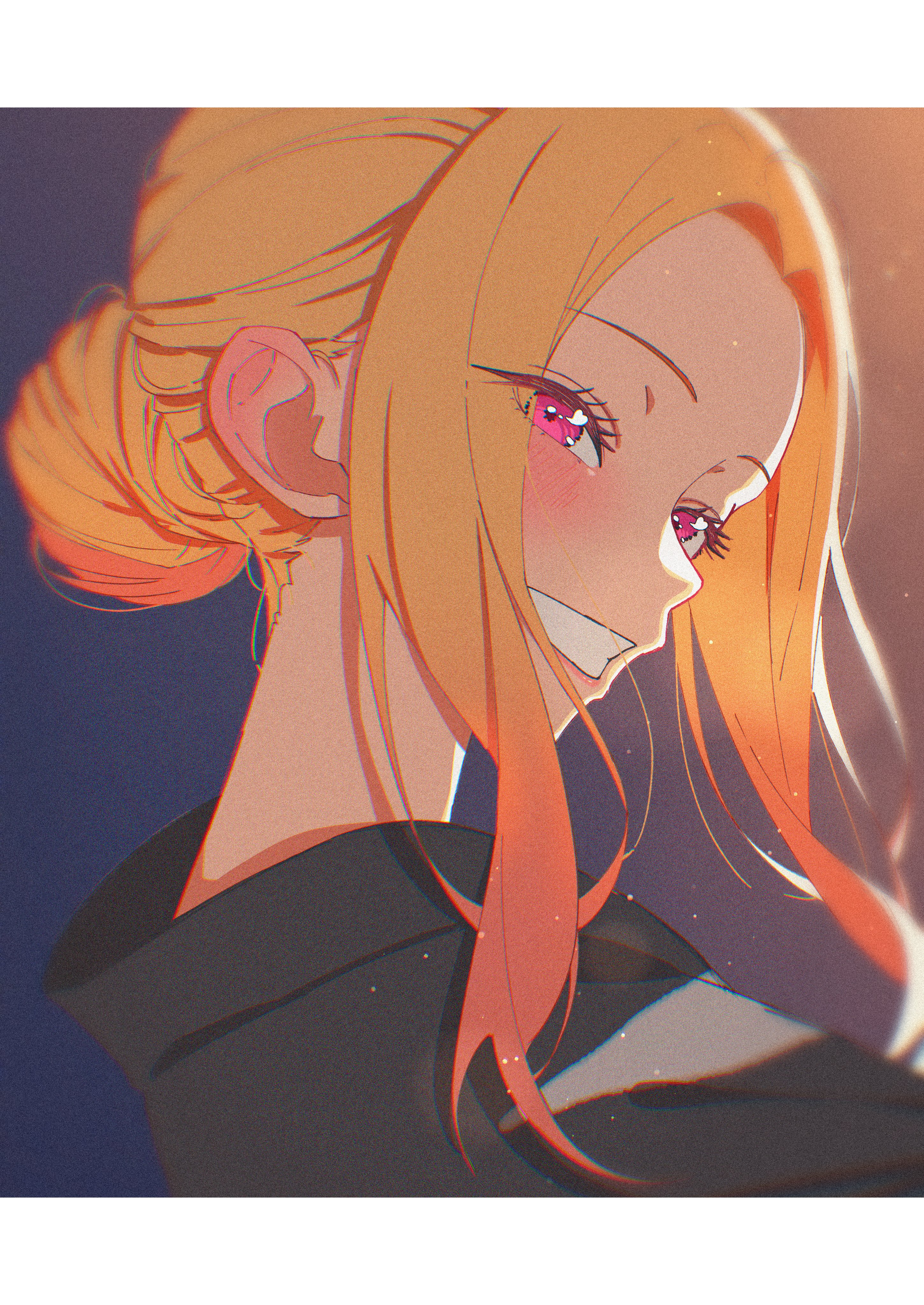 ganetto29, kitagawa marin, sono bisque doll wa koi wo suru, absurdres, commentary request, highres, 1girl, black kimono, blonde hair, blush, border, hair bun, japanese clothes, kimono, looking at viewer, night, parted lips, red eyes, smile, solo, upper body, white border