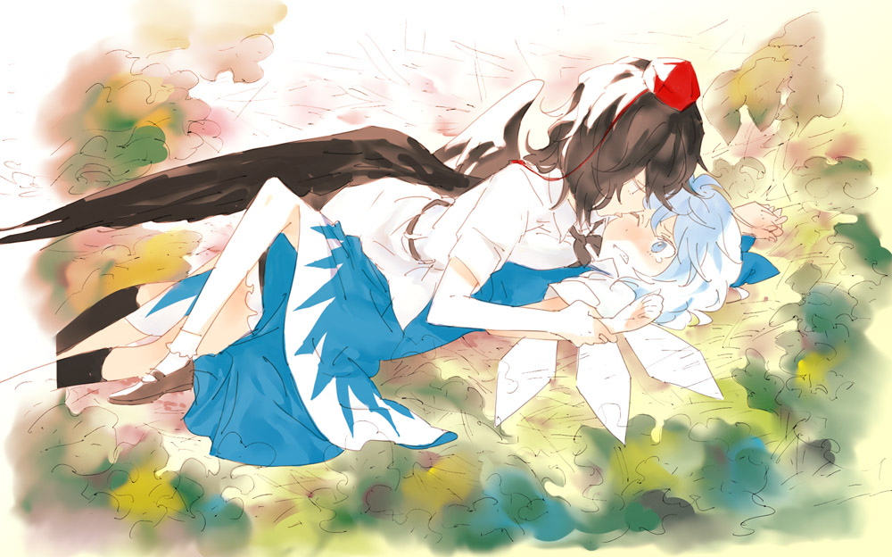 minakata sunao, cirno, shameimaru aya, touhou, arm grab, 2girls, bird wings, black hair, blue eyes, blue hair, brown hair, from side, hat, holding hands, ice, ice wings, kiss, licking, lying, multiple girls, one eye closed, short hair, tears, tokin hat, wince, wings, wink, yuri