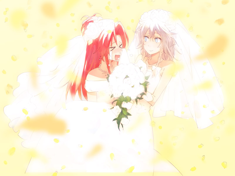 minakata sunao, hong meiling, izayoi sakuya, embodiment of scarlet devil, touhou, > <, 2girls, bridal veil, bride, closed eyes, dress, female focus, happy, happy tears, multiple girls, tears, veil, wedding, wedding dress, wife and wife, yuri