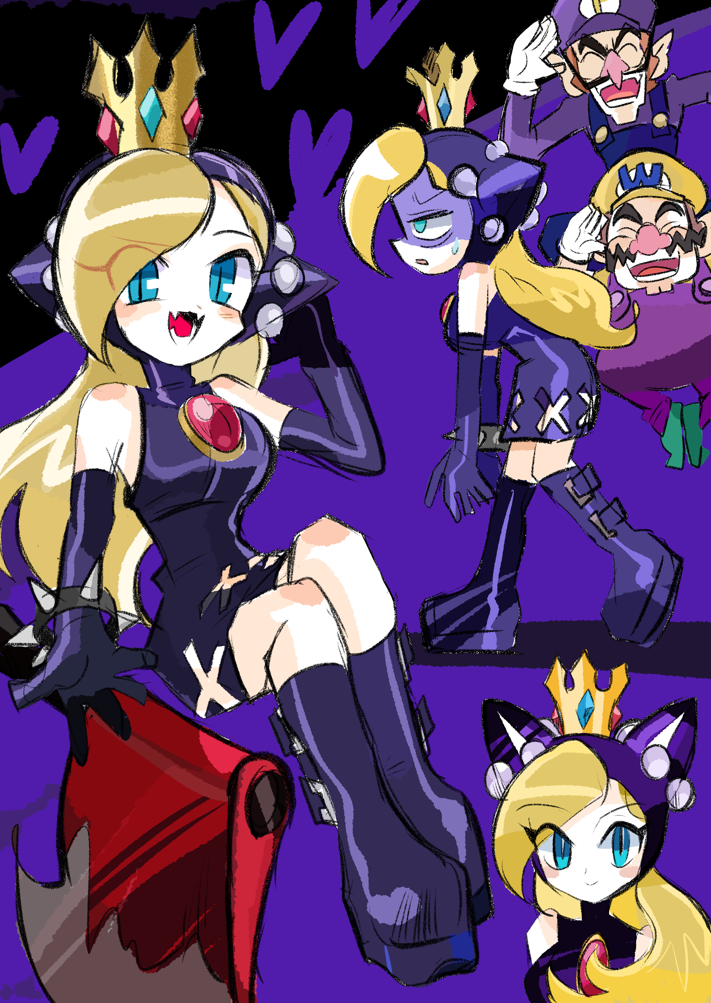 rakugaki shitagari-ya, waluigi, wario, warupeach, mario (series), nintendo, absurdres, commentary, english commentary, highres, 1girl, 2boys, blonde hair, boots, brothers, crown, dress, elbow gloves, fangs, gloves, hat, long hair, looking at viewer, multiple boys, open mouth, overalls, purple boots, purple dress, purple gloves, purple hat, purple overalls, purple shirt, shirt, siblings, skin fangs, smile, very long hair, white gloves, yellow shirt