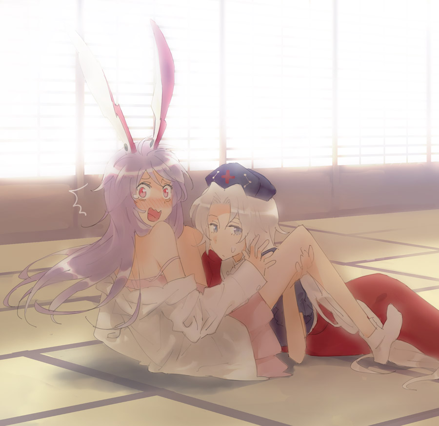 minakata sunao, reisen udongein inaba, yagokoro eirin, touhou, 2girls, animal ears, bare shoulders, between thighs, blush, caught, female focus, hat, looking at viewer, multiple girls, rabbit ears, socks, spread legs, surprised, sweatdrop, tears, thighs, yuri