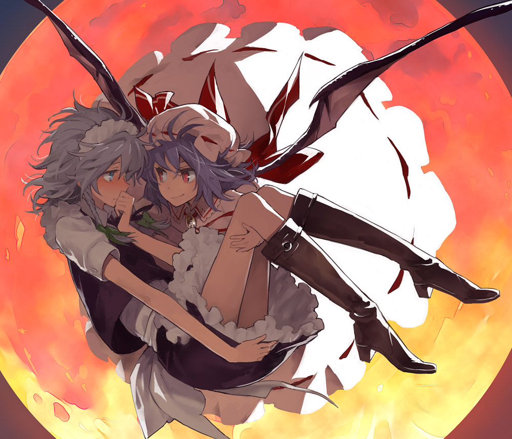 minakata sunao, izayoi sakuya, remilia scarlet, touhou, 2girls, blush, carrying, female focus, hat, moon, multiple girls, princess carry, ribbon, wings, yuri