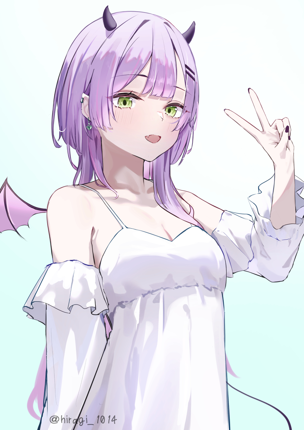 hiragi 1014, tokoyami towa, hololive, commentary request, highres, 1girl, alternate costume, black nails, demon girl, demon horns, demon tail, demon wings, dress, fang, green eyes, hair ornament, hairpin, horns, looking at viewer, medium hair, nail polish, skin fang, smile, solo, tail, v, virtual youtuber, white dress, wings