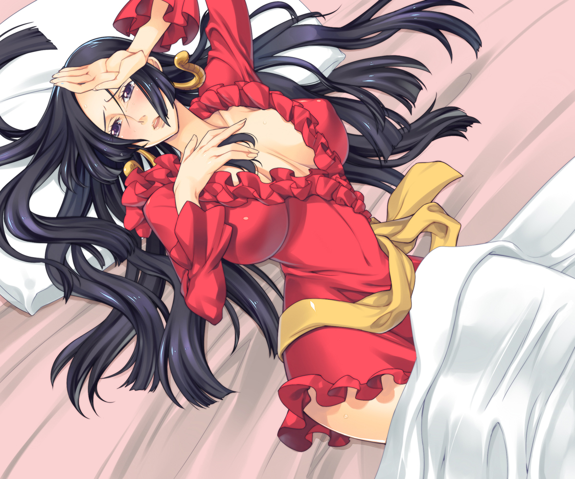 hpa (foolish factory), boa hancock, one piece, 1girl, amazon lily, amazon warrior, bed, bed sheet, black hair, blush, breasts, cleavage, dress, earrings, female focus, jewelry, large breasts, long hair, pillow, purple eyes, red dress, red skirt, skirt, solo, tears