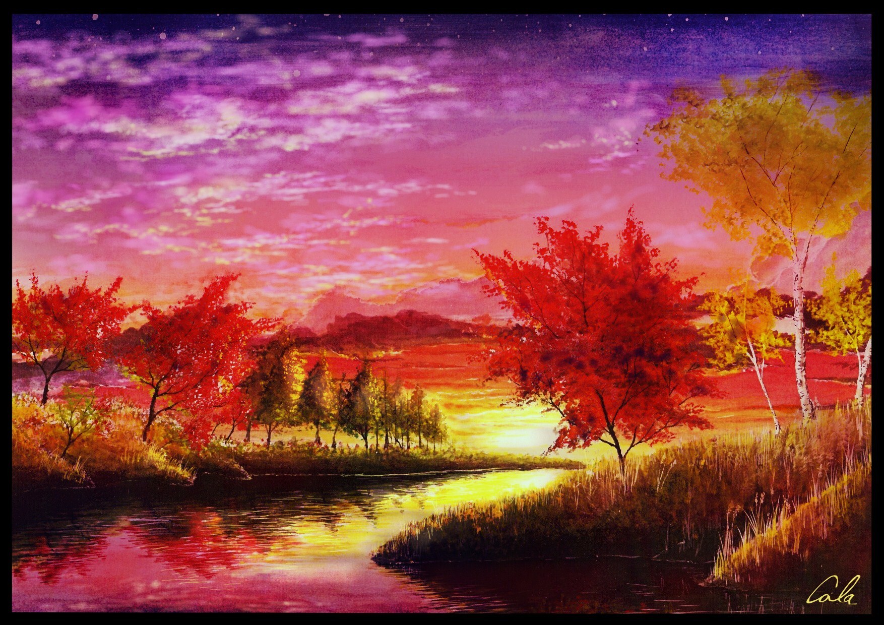 cola (gotouryouta), original, acrylic paint (medium), bad id, bad pixiv id, highres, jpeg artifacts, painting (medium), traditional media, watercolor (medium), artist name, autumn, autumn leaves, cloud, grass, landscape, leaf, no humans, reflection, river, scenery, signature, sky, star (symbol), sunset, tree, water
