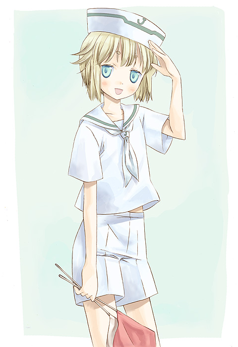 takano natsuki, juno (element hunters), element hunters, 00s, 1girl, blonde hair, blue eyes, dixie cup hat, female focus, flag, flat chest, green background, hat, military hat, sailor, sailor collar, sailor hat, salute, short hair, shorts, simple background, solo, white shorts