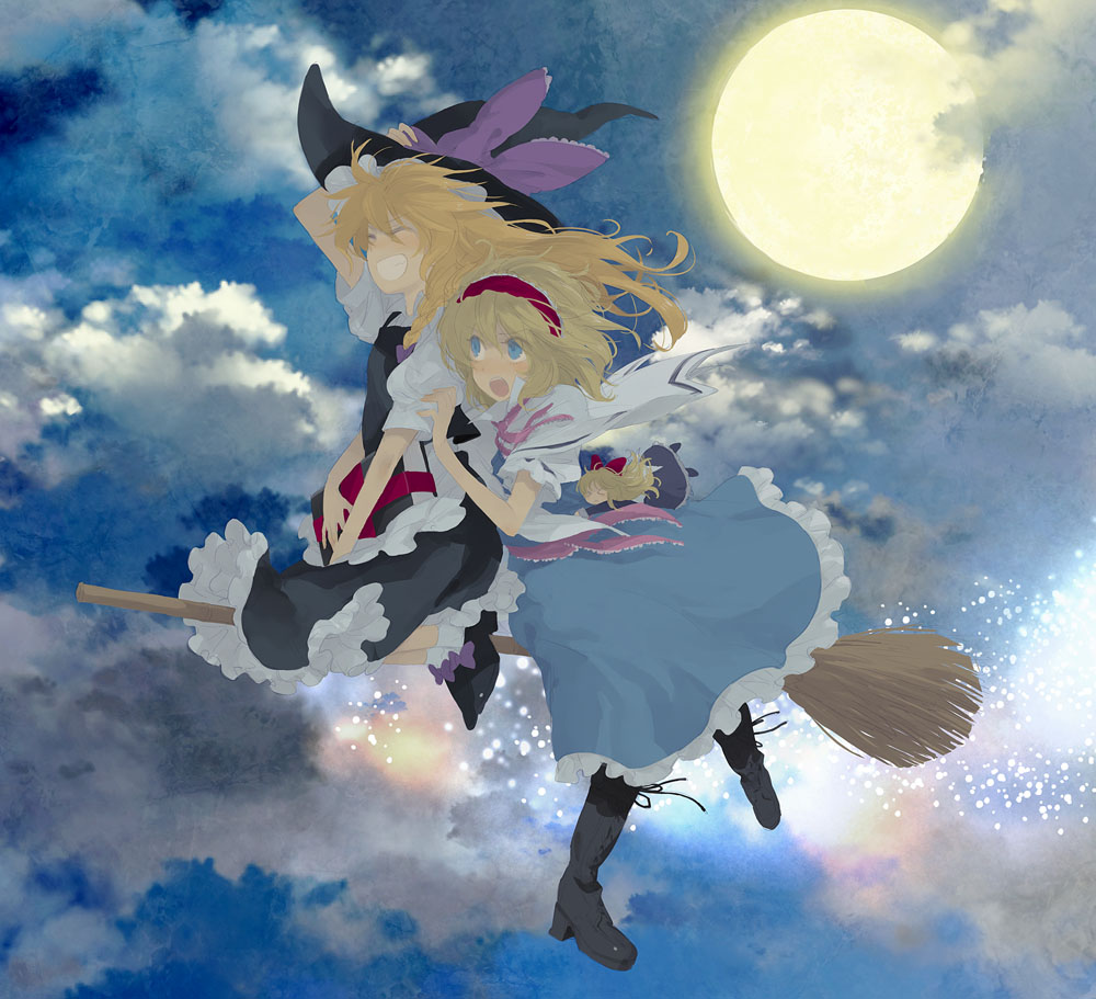 minakata sunao, alice margatroid, kirisame marisa, shanghai doll, touhou, 2girls, blonde hair, blue eyes, broom, broom riding, cloud, female focus, flying, full moon, moon, multiple girls, multiple riders, scared, sidesaddle