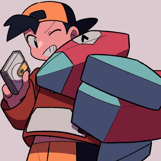 tyako 089, ethan (pokemon), porygon, nintendo, pokemon, pokemon gsc, commentary, symbol-only commentary, 1boy, backwards hat, black eyes, black hair, gen 1 pokemon, grey background, grin, hat, holding, jacket, long sleeves, looking down, male focus, one eye closed, pokemon (creature), red jacket, short hair, shorts, simple background, smile, teeth, yellow shorts