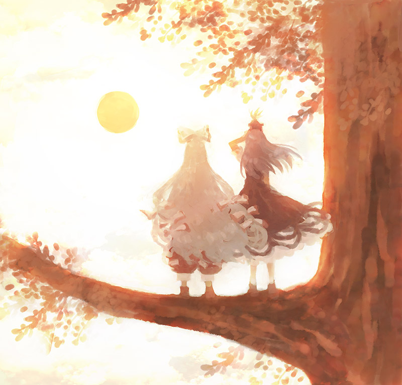 minakata sunao, fujiwara no mokou, kamishirasawa keine, touhou, 2girls, back, branch, dress, female focus, hair ribbon, hat, leaf, long hair, multiple girls, pants, ribbon, sun