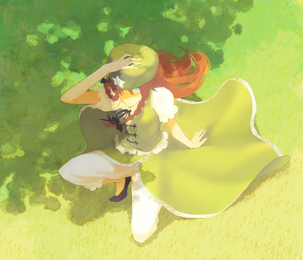 minakata sunao, hong meiling, touhou, 1girl, arm up, beret, black ribbon, black shoes, blue eyes, closed mouth, dappled sunlight, day, female focus, full body, green hat, green skirt, green vest, hand on headwear, hat, long hair, looking at viewer, looking up, nature, no socks, on one knee, outdoors, pants, pelvic curtain, puffy short sleeves, puffy sleeves, red hair, ribbon, shoes, short sleeves, skirt, solo, star (symbol), sunlight, very long hair, vest, white pants