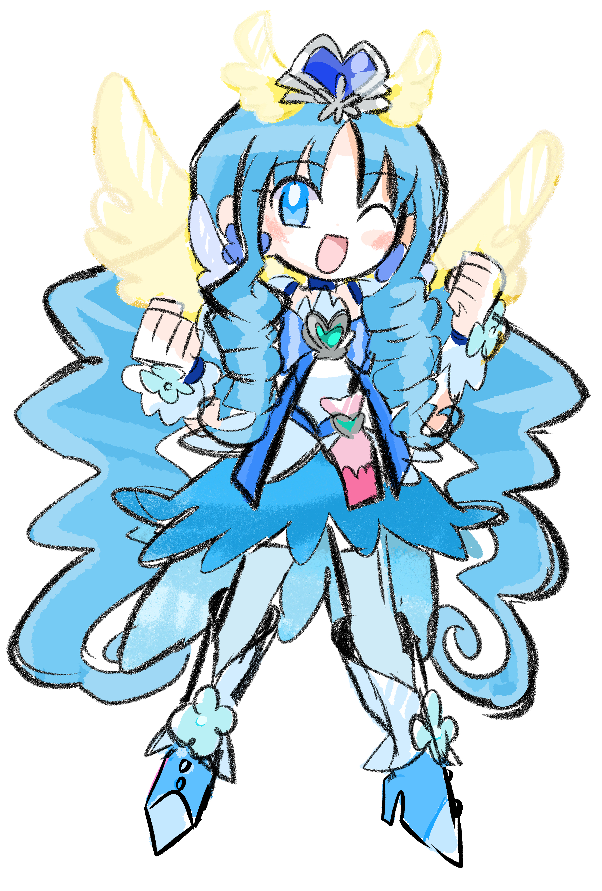 rakugaki shitagari-ya, cure marine, kurumi erika, heartcatch precure!, precure, absurdres, commentary request, highres, 1girl, blue dress, blue eyes, blue shoes, blue skirt, blue thighhighs, dress, drill hair, high heels, looking at viewer, magical girl, one eye closed, open mouth, shoes, skirt, smile, solo, thighhighs, twin drills, wings