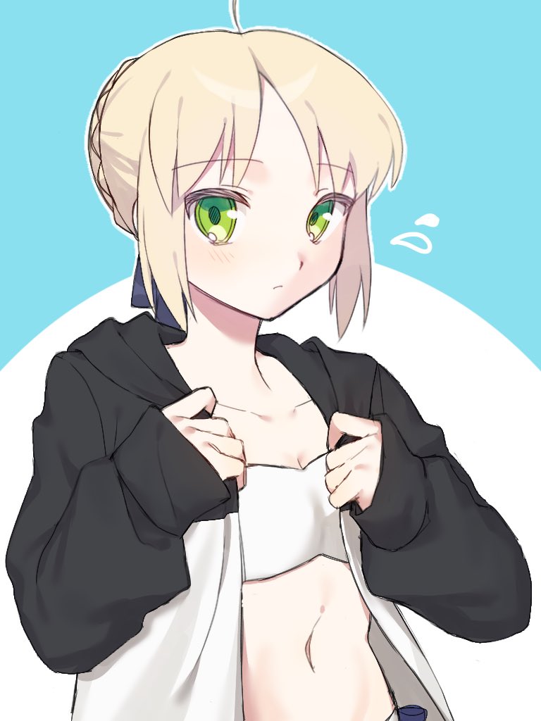 dun dudu, artoria pendragon (fate), saber (fate), fate/stay night, fate (series), commentary request, 1girl, ahoge, bikini, blonde hair, blue bow, bow, braid, bun with braided base, green eyes, hair bow, hair bun, jacket, long sleeves, side-tie bikini bottom, sidelocks, solo, swimsuit