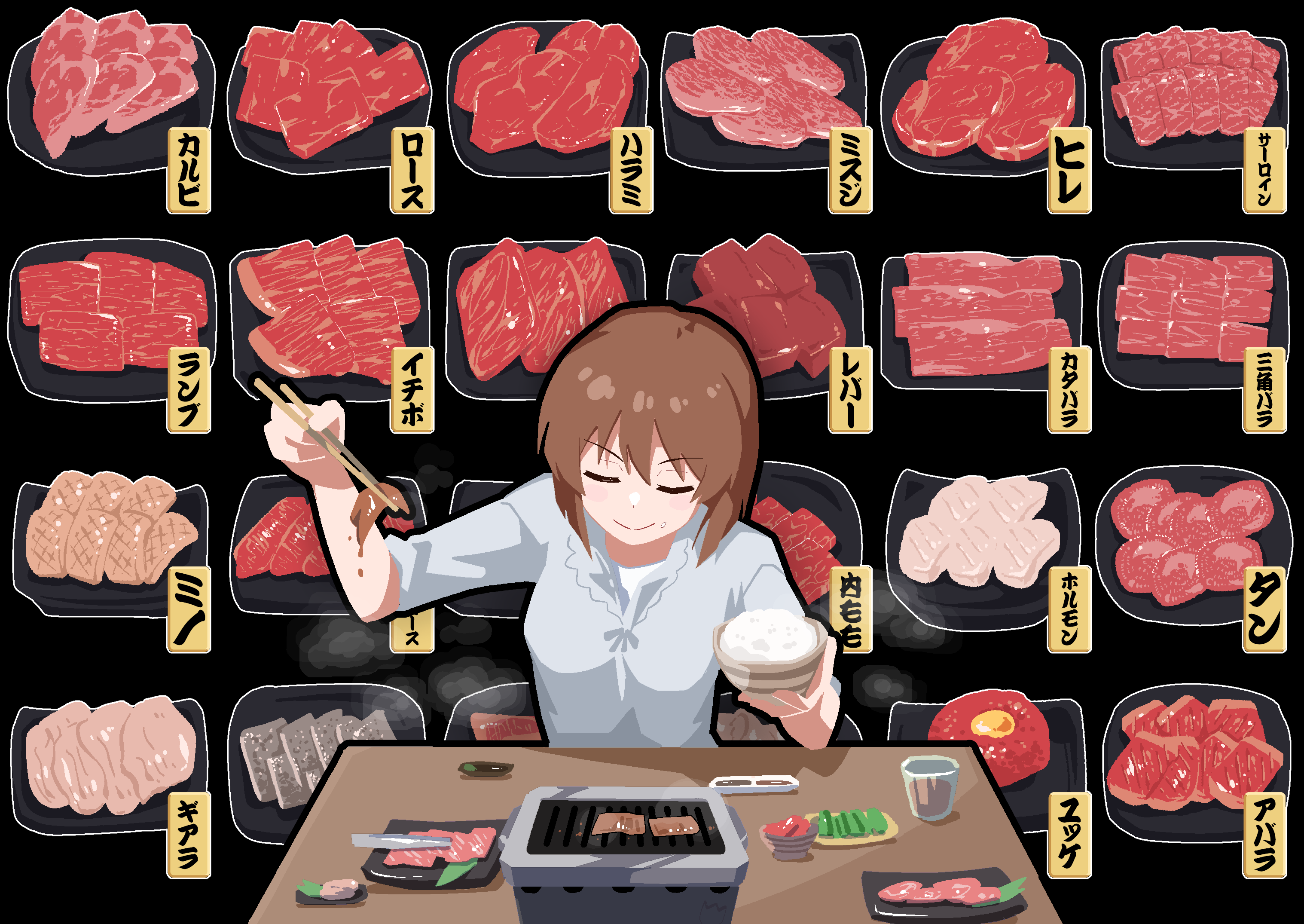 ohgi910, hagiwara yukiho, idolmaster, idolmaster (classic), commentary, highres, translation request, 1girl, bowl, breasts, brown hair, chopsticks, closed eyes, closed mouth, food, grill, holding, holding bowl, holding chopsticks, meat, medium breasts, rice, rice bowl, shirt, short hair, smile, solo, white shirt