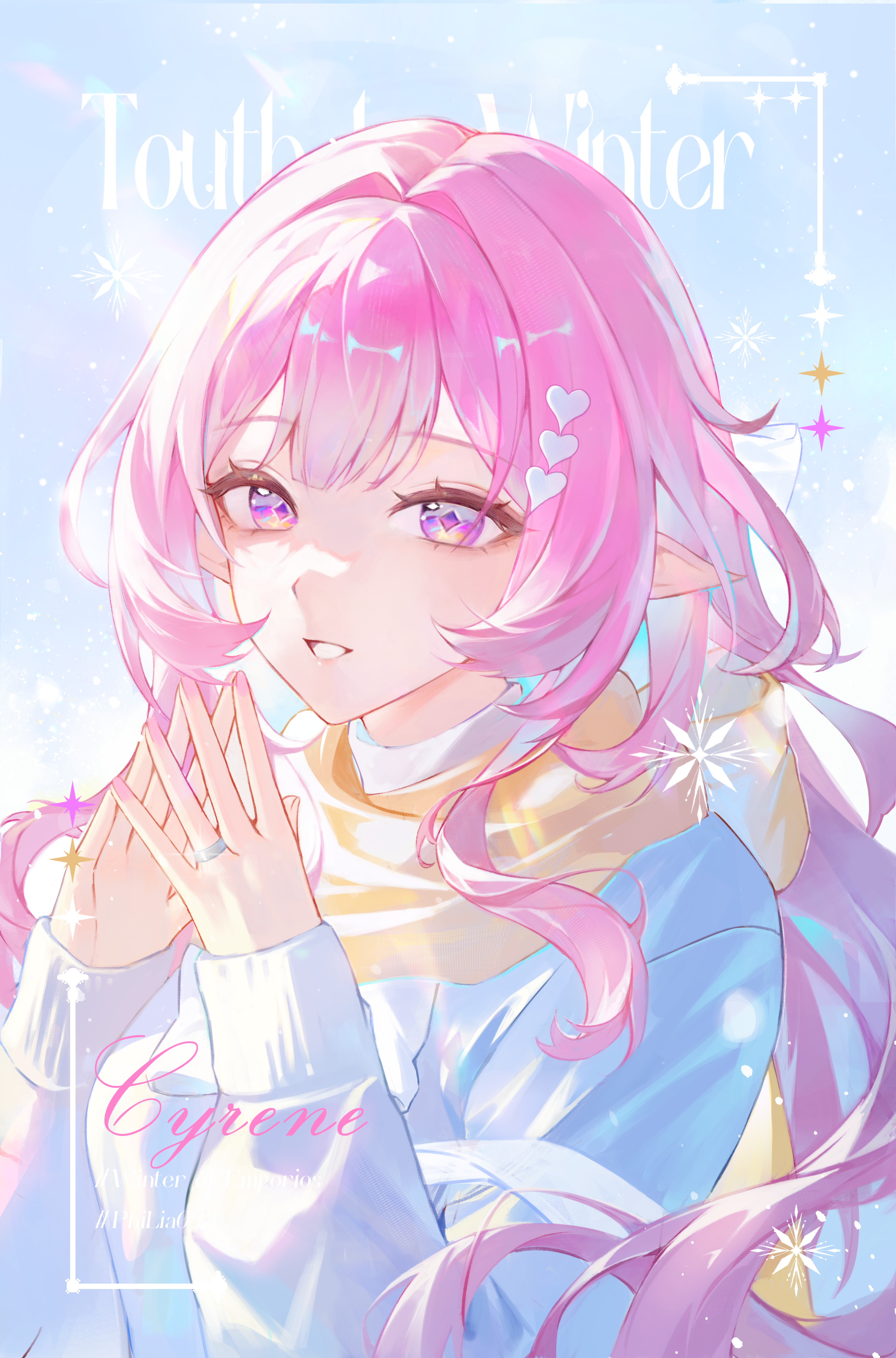 sohan (sohan 416), cyrene (demiurge) (honkai: star rail), cyrene (honkai: star rail), honkai: star rail, honkai (series), absurdres, commentary, highres, 1girl, alternate costume, blue sky, blue sweater, character name, coat, diamond-shaped pupils, diamond (shape), jewelry, long hair, parted lips, pink hair, pointy ears, purple eyes, ring, scarf, sky, solo, sweater, symbol-shaped pupils, upper body, very long hair, winter clothes, winter coat, yellow scarf