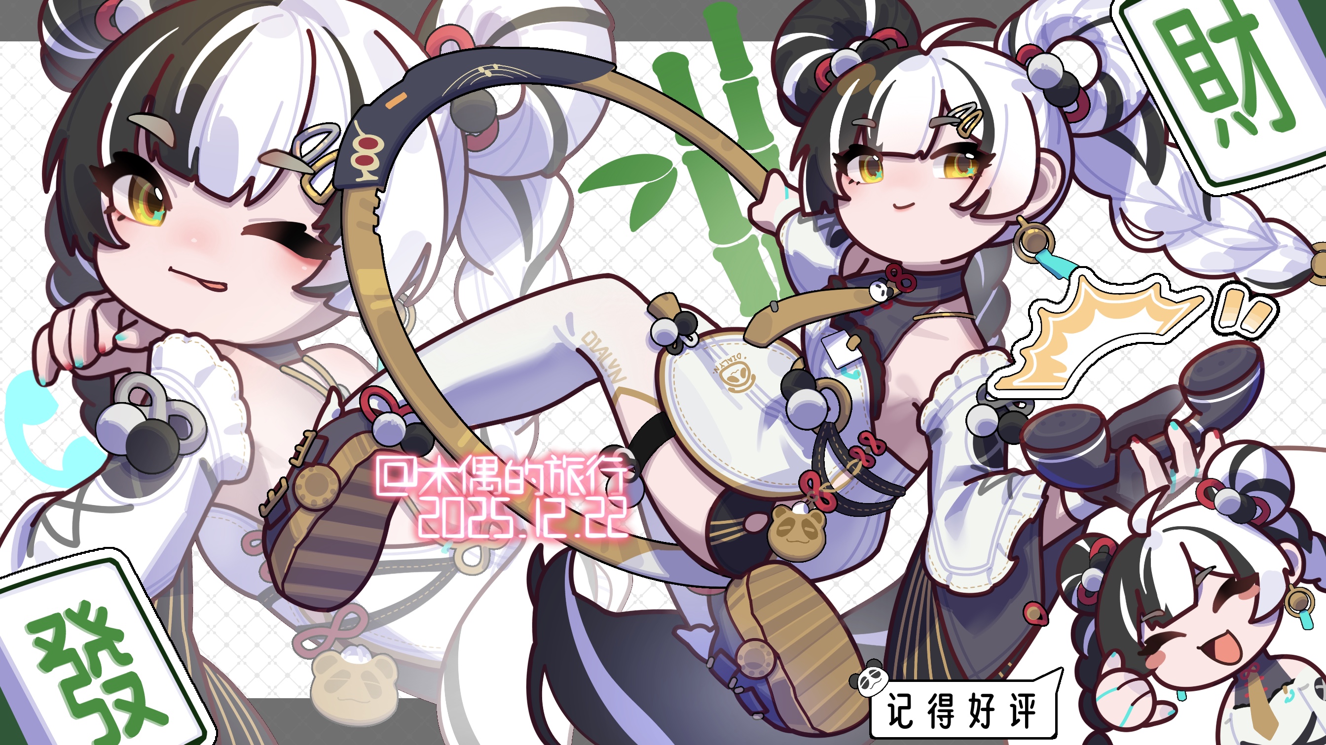 dialyn (zenless zone zero), zenless zone zero, commentary, english commentary, highres, translation request, 1girl, 2025, ahoge, aqua nails, bamboo, bare shoulders, black hair, black shoes, black shorts, blush, braid, braided twintails, chakram, checkered background, chibi, china dress, chinese clothes, closed mouth, collarbone, corded phone, dated, detached sleeves, dress, earrings, hair extensions, hair ornament, hairclip, holding, holding phone, jewelry, long hair, looking at viewer, multicolored hair, multicolored nails, necktie, one eye closed, phone, red nails, ring hair extensions, shoes, shorts, smile, speech bubble, split-color hair, thighhighs, tongue, tongue out, weapon, white background, white dress, white hair, white thighhighs, yellow eyes, yellow necktie, yemuzi