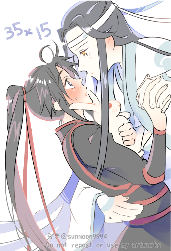 lan wangji, wei wuxian, wei wuxian (yunmeng clan), modao zushi, 2boys, aged down, ahoge, animal, bishounen, black hair, black hanfu, black sash, black shirt, blue eyes, blush, chinese clothes, closed mouth, couple, eye contact, face-to-face, from side, full-face blush, hair ribbon, hanfu, headband, holding, holding animal, holding hands, holding rabbit, hug, interlocked fingers, long hair, long sleeves, looking at another, male focus, multiple boys, nipples, official alternate costume, parted lips, ponytail, profile, rabbit, red ribbon, red sash, ribbon, sash, shirt, sidelocks, simple background, sunmoon9994, sweatdrop, time paradox, twitter username, watermark, white background, white hanfu, white headband, white rabbit (animal), yaoi, yellow eyes