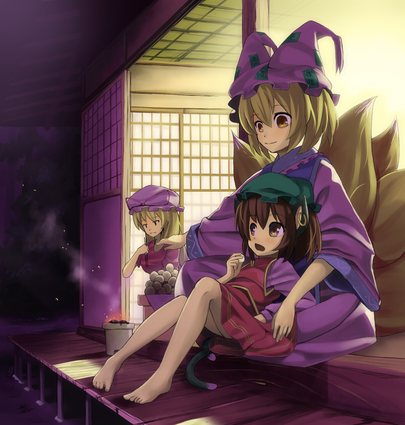 hidebo, chen, yakumo ran, yakumo yukari, touhou, bad id, bad pixiv id, 3girls, animal ears, barefoot, blonde hair, brown hair, cat ears, cat girl, cat tail, earrings, feet, female focus, fox tail, hat, jewelry, long hair, multiple girls, multiple tails, outdoors, short hair, skirt, tail, yellow eyes
