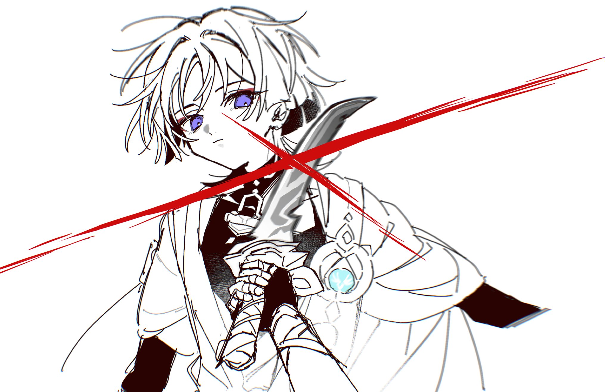 takonoya, scaramouche (genshin impact), wanderer (genshin impact), genshin impact, hashtag-only commentary, highres, 1boy, anemo symbol (genshin impact), arms at sides, bandaged wrist, bandages, black bodysuit, blunt ends, bodysuit, bridal gauntlets, cape, closed mouth, eyeliner, eyeshadow, fingerless gloves, gloves, greyscale, holding, holding sword, holding weapon, imminent attack, japanese clothes, juban, katana, kimono, looking at viewer, makeup, male focus, monochrome, open clothes, open kimono, pov, purple eyes, red eyeliner, red eyeshadow, short sleeves, shoulder peek, sketch, spot color, sword, vision (genshin impact), weapon, white background, wispy bangs