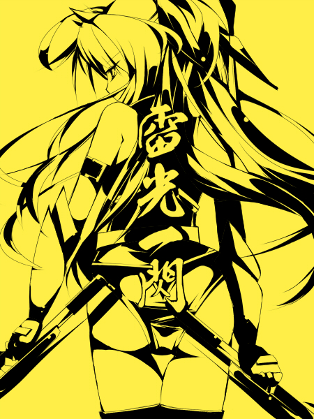 blaze (blazeillust), bardiche (nanoha), bardiche (riot zanber stinger) (nanoha), fate testarossa, fate testarossa (true sonic form), lyrical nanoha, mahou shoujo lyrical nanoha, mahou shoujo lyrical nanoha a's, 00s, 1girl, ass, cowboy shot, female focus, from behind, long hair, monochrome, simple background, solo, thigh gap, thighhighs, yellow background, yellow theme