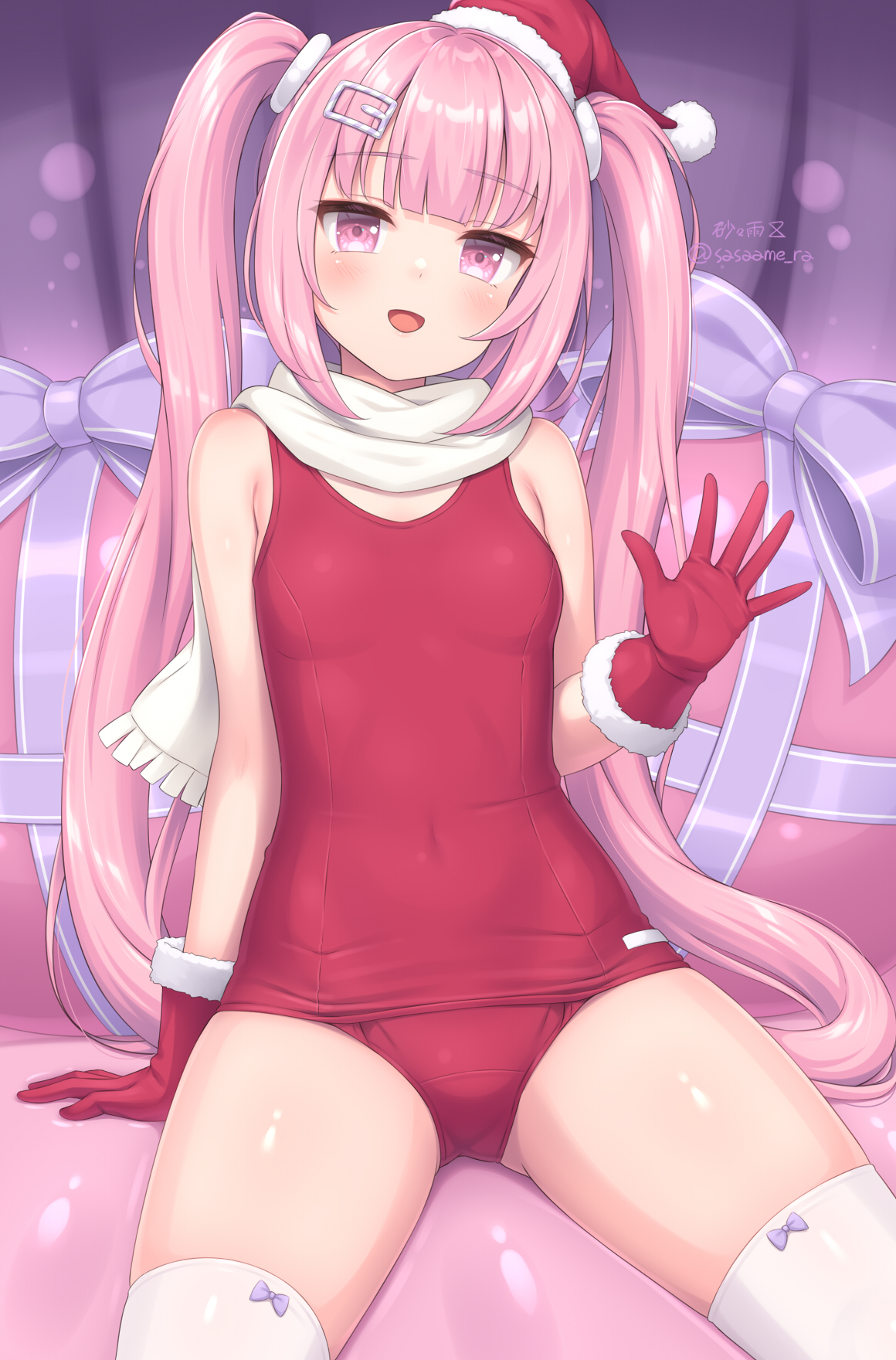 sasaame, original, commentary request, highres, 1girl, :d, breasts, christmas, covered navel, fur-trimmed gloves, fur-trimmed headwear, fur trim, gloves, hair ornament, hairclip, hand up, hat, long hair, looking at viewer, old school swimsuit, one-piece swimsuit, open mouth, pink eyes, pink hair, red gloves, red hat, red one-piece swimsuit, santa hat, scarf, school swimsuit, sitting, small breasts, smile, solo, swimsuit, thighhighs, twintails, twitter username, very long hair, white scarf, white thighhighs