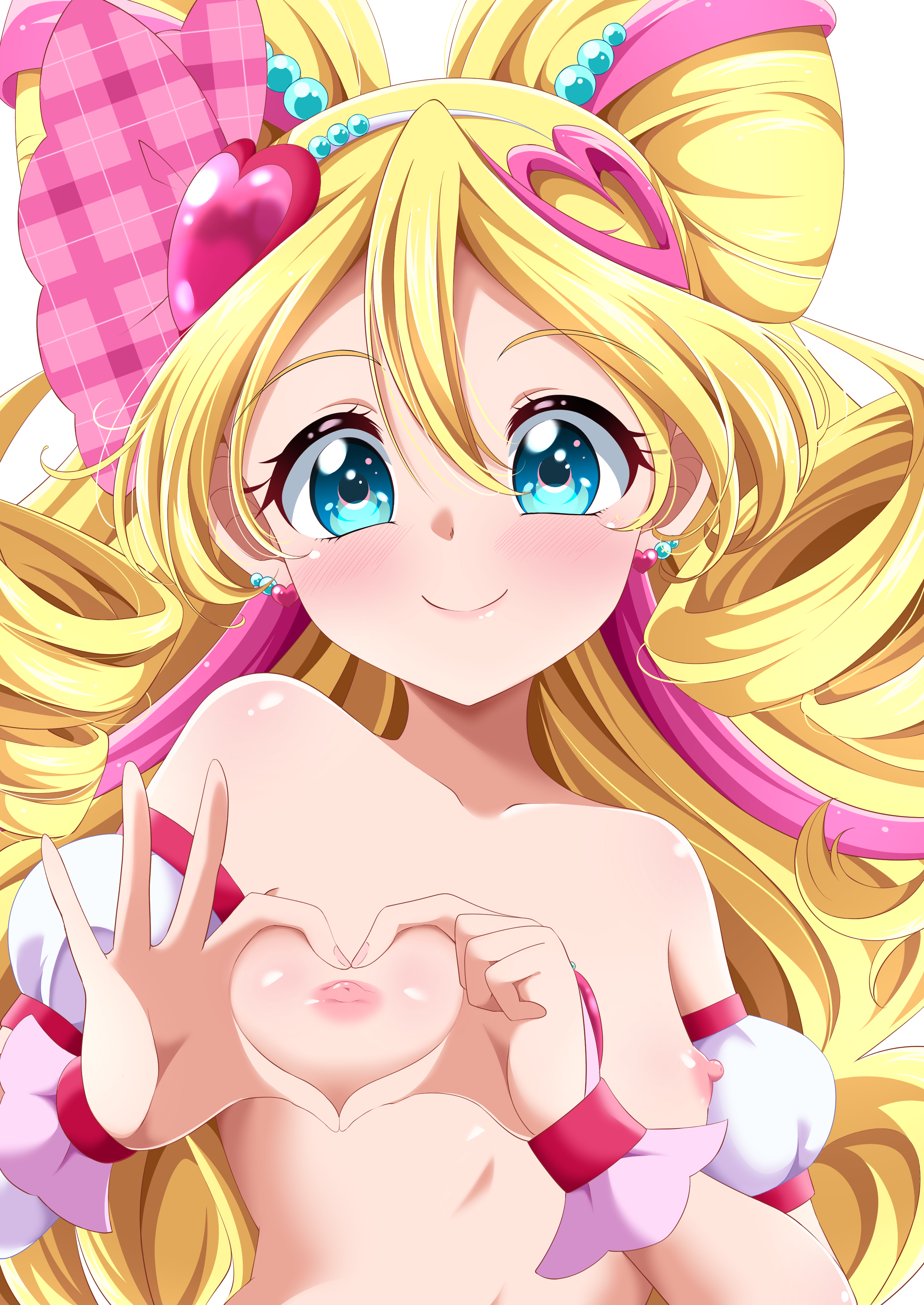s-operator, cure idol, sakura uta (precure), kimi to idol precure, precure, absurdres, commentary request, highres, 1girl, blonde hair, blue eyes, blush, breasts, closed mouth, ear piercing, hair between eyes, heart-shaped boob challenge, lipstick, long hair, looking at viewer, makeup, nipples, piercing, simple background, small breasts, smile, solo, topless female, upper body, very long hair, white background
