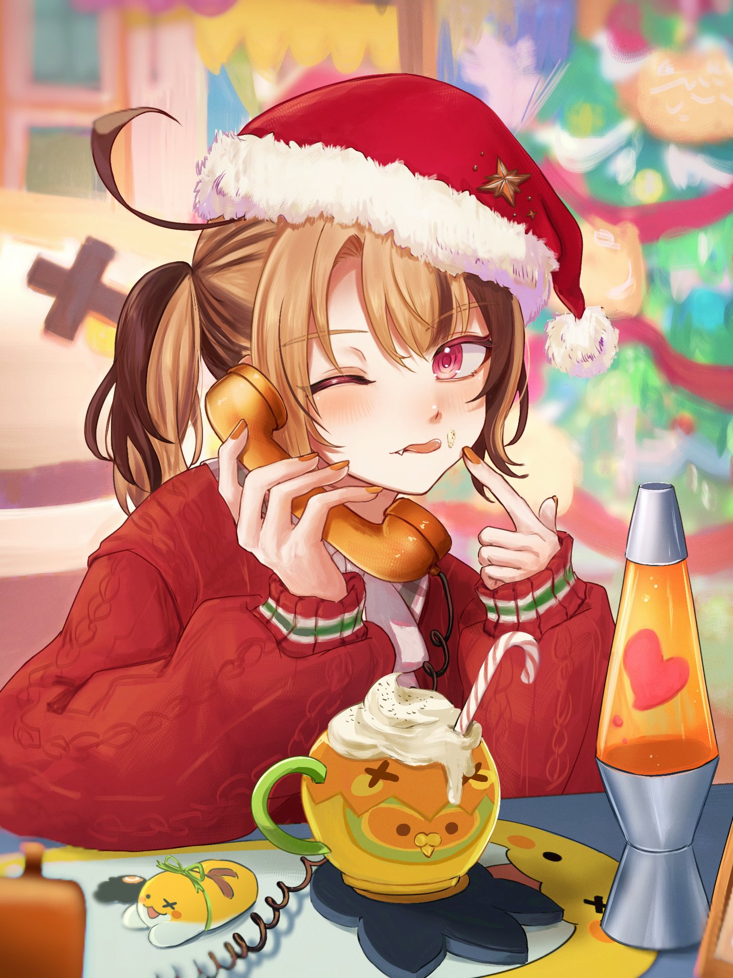happy (yppah1060), gigi murin, grem (gigi murin), hololive, hololive english, highres, 1girl, alternate costume, brown hair, christmas tree, fur-trimmed headwear, fur trim, hat, holding, holding phone, lava lamp, looking at viewer, nail polish, one eye closed, orange nails, phone, pink eyes, red sweater, santa hat, smile, solo, sweater, tongue, tongue out, two side up, virtual youtuber