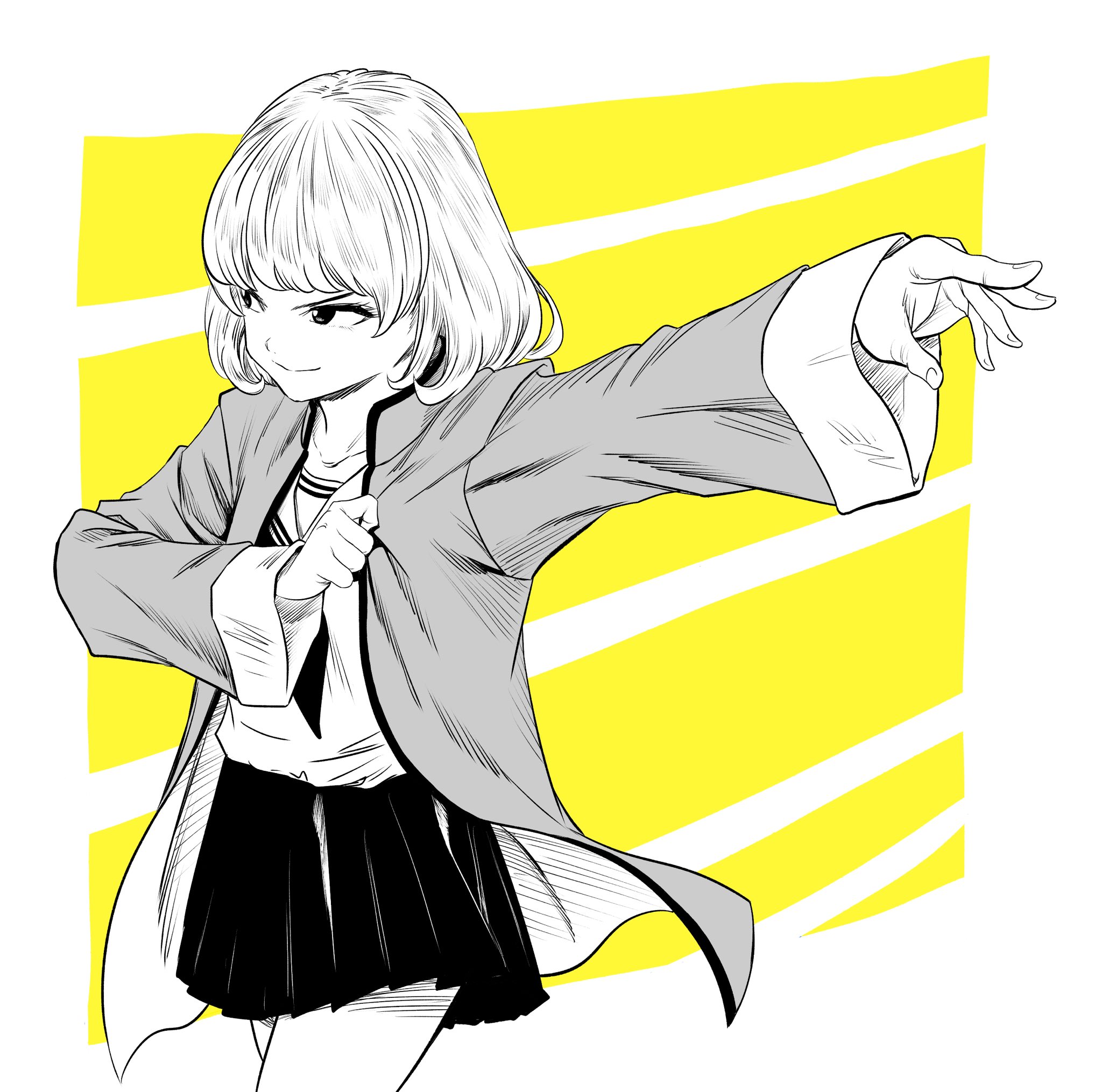 lee (dragon garou), original, commentary request, highres, 1girl, adjusting clothes, bob cut, cowboy shot, greyscale with colored background, hatching (texture), miniskirt, pleated skirt, profile, school uniform, serafuku, skirt, sleeves past wrists, smile, solo, v-shaped eyebrows, yellow background