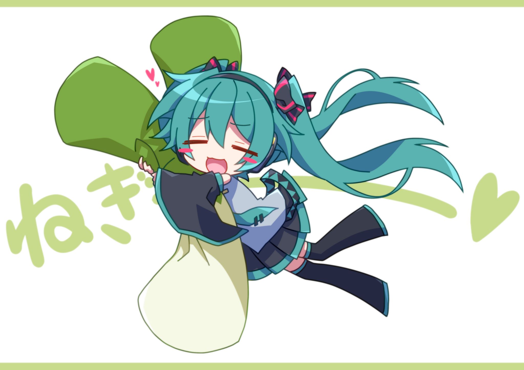 aosaki yato, hatsune miku, vocaloid, commentary, highres, translated, 1girl, :3, :d, bare shoulders, black boots, black bow, black skirt, black sleeves, blush stickers, boots, bow, chibi, chibi only, closed eyes, detached sleeves, double-parted bangs, food, full body, green hair, green necktie, grey shirt, hair bow, heart, holding, holding food, holding spring onion, holding vegetable, long hair, long sleeves, miniskirt, necktie, open mouth, pleated skirt, shirt, simple background, skirt, sleeveless, sleeveless shirt, smile, solo, spring onion, thigh boots, thighhighs, tie clip, twintails, vegetable, white background, wide sleeves, zettai ryouiki