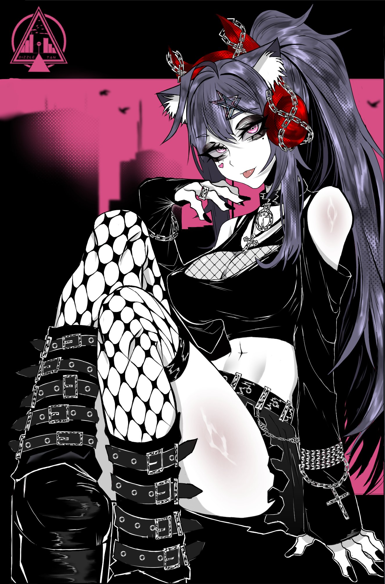 dizzle, akuma nihmune, indie virtual youtuber, highres, 1girl, animal ears, belt, black belt, black boots, black nails, black shirt, black skirt, boots, breasts, cat ears, cleavage, closed mouth, collar, demon horns, facial mark, fake horns, fishnet cutout, fishnet thighhighs, fishnets, hair ornament, headphones, heart, heart facial mark, horns, large breasts, long hair, looking at viewer, mole, mole under eye, nail polish, navel, pink eyes, ponytail, shirt, skirt, smile, solo, spiked collar, spikes, star (symbol), star hair ornament, thighhighs, tongue, tongue out, very long hair, virtual youtuber