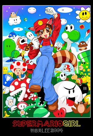 bob-omb, boo (mario), cheep cheep, fuzzy, goomba, goonie, koopa, koopa troopa, monty mole, yoshi, nintendo, super mario bros. 1, toad, lowres, animal ears, brown eyes, brown hair, genderswap, gloves, hat, pirhanna plant, tail