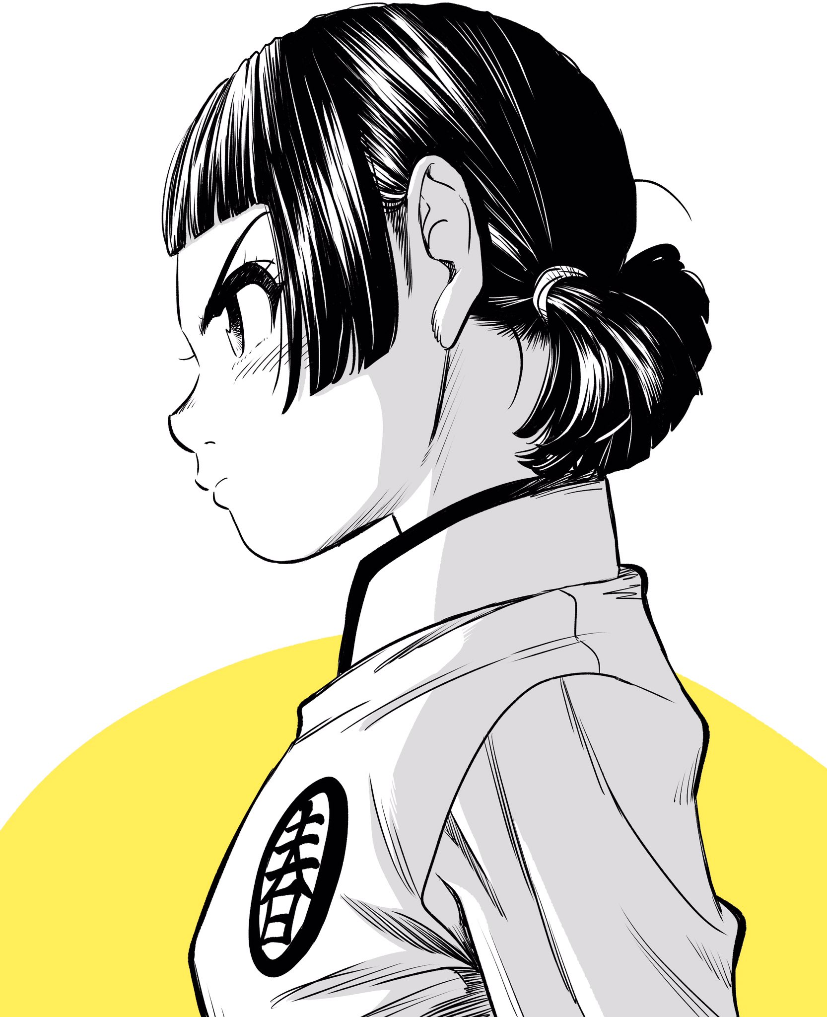 lee (dragon garou), original, commentary request, highres, 1girl, blunt bangs, breasts, chinese clothes, from side, greyscale with colored background, jacket, loose hair strand, medium breasts, serious, short twintails, sidelocks, solo, twintails, upper body, v-shaped eyebrows, yellow background