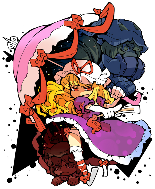 hounori, chen, yakumo ran, yakumo yukari, touhou, white legwear, 3girls, blonde hair, dress, female focus, full body, kneehighs, long sleeves, looking at viewer, multiple girls, purple dress, red eyes, running, shaded face, simple background, socks, white background