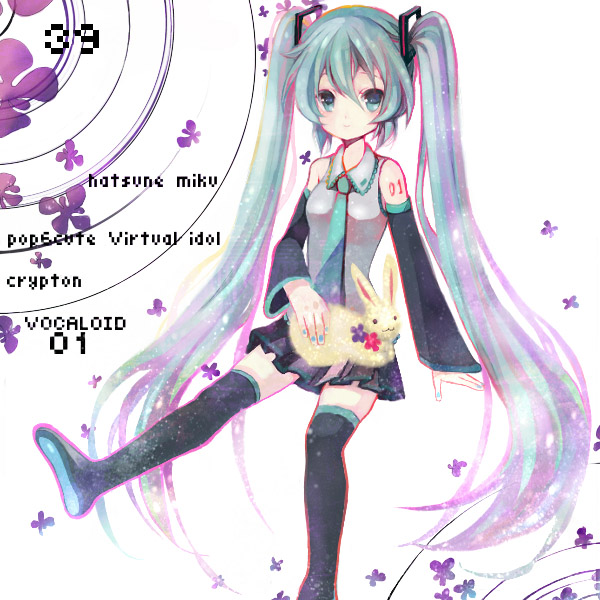 anko kinako, hatsune miku, vocaloid, bad id, bad pixiv id, 1girl, aqua eyes, aqua hair, detached sleeves, female focus, long hair, necktie, rabbit, skirt, smile, solo, thighhighs, twintails, very long hair, white background, zettai ryouiki