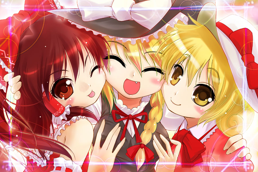 porurin (do-desho), elly (touhou), hakurei reimu, kirisame marisa, lotus land story, touhou, touhou (pc-98), 3girls, :p, blonde hair, blush, breasts, brown hair, closed eyes, fang, female focus, grabbing another's breast, groping, hair ribbon, hat, multiple girls, red eyes, ribbon, tongue, tongue out, yellow eyes
