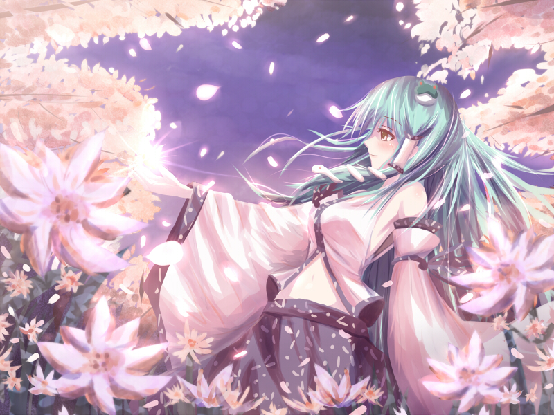 non (nobu), kochiya sanae, touhou, 1girl, detached sleeves, female focus, frog, green hair, hair ornament, japanese clothes, long hair, miko, snake, solo, yellow eyes