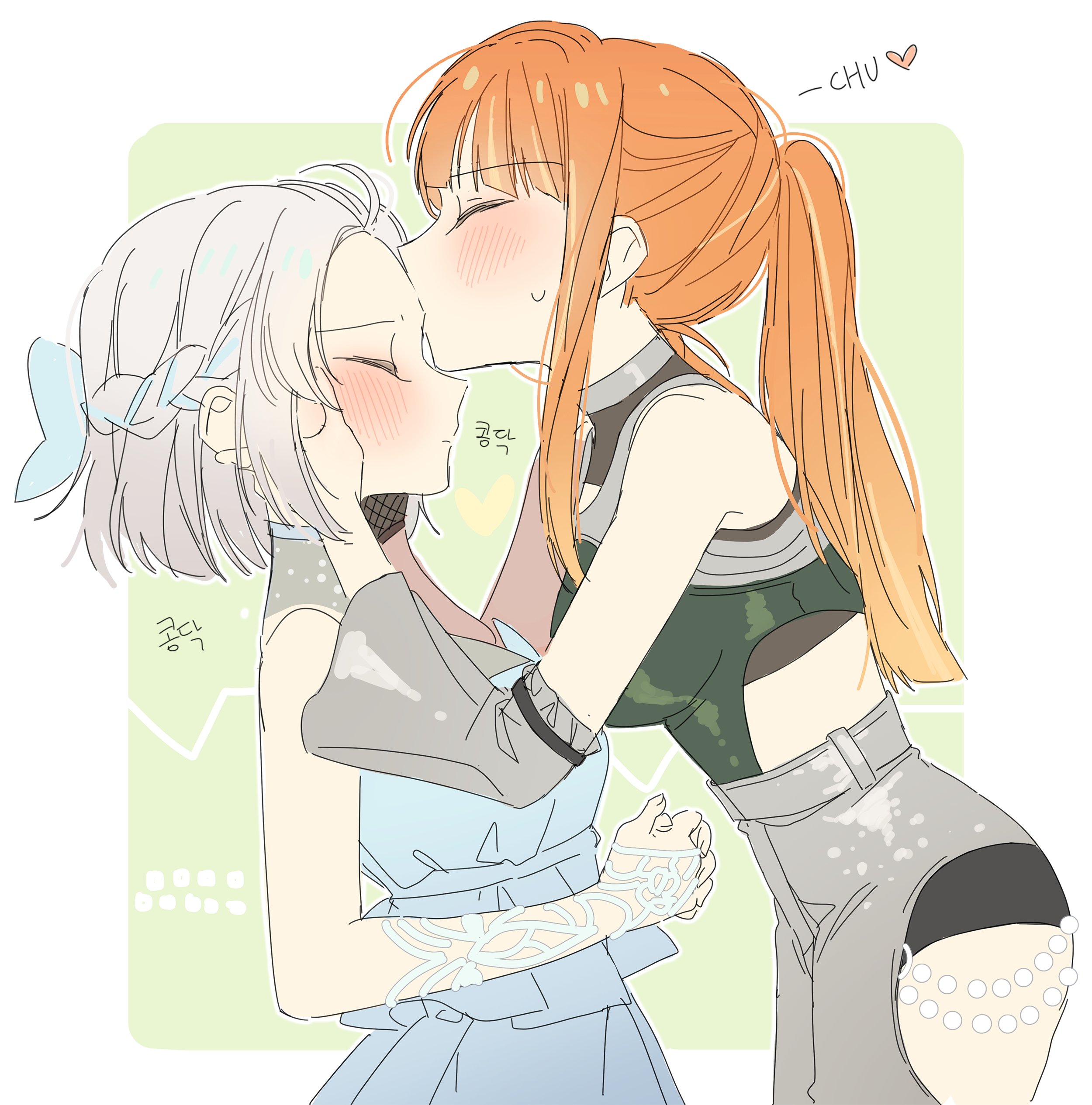 hano9789, katsuragi lilja, shiun sumika, gakuen idolmaster, idolmaster, absurdres, commentary request, highres, korean commentary, 2girls, blue dress, blush, braid, breasts, closed eyes, dress, face-to-face, from side, grey hair, grey pants, hands on another's face, heart, kiss, kissing forehead, multiple girls, orange hair, pants, ponytail, profile, standing, yuri