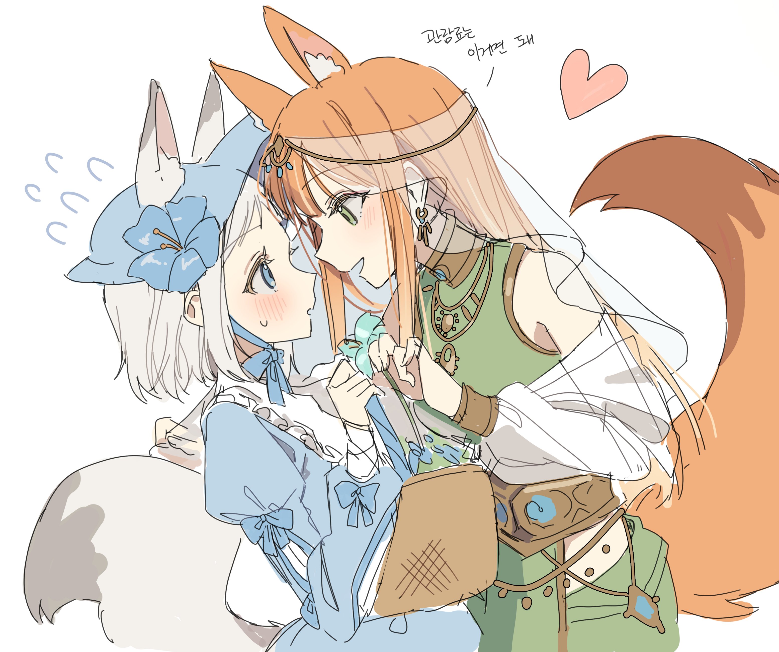 hano9789, katsuragi lilja, shiun sumika, gakuen idolmaster, idolmaster, absurdres, commentary request, highres, korean commentary, 2girls, animal ears, blue dress, blue eyes, blush, dress, earrings, eye contact, face-to-face, flying sweatdrops, fox ears, fox girl, fox tail, green eyes, grey hair, heart, jewelry, kemonomimi mode, long hair, looking at another, multiple girls, orange hair, short hair, simple background, tail, white background, yuri