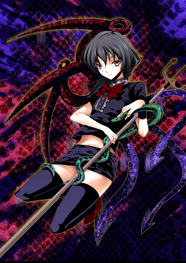 atoshi, houjuu nue, touhou, bad id, bad pixiv id, 1girl, black hair, black thighhighs, female focus, polearm, red eyes, short hair, snake, solo, spear, thighhighs, trident, weapon, zettai ryouiki