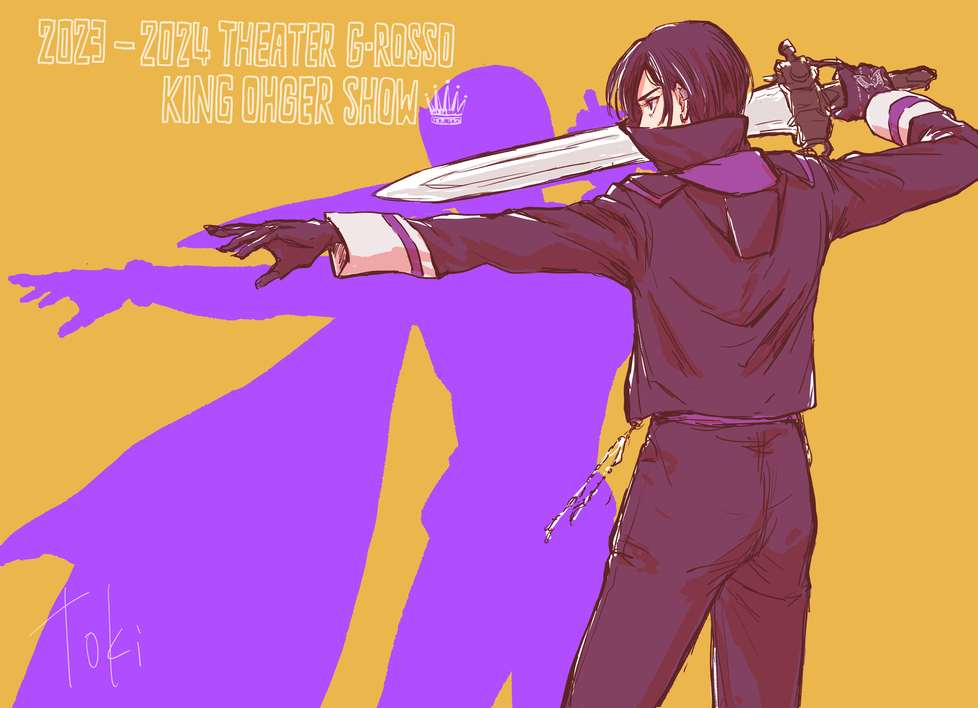 ohsama sentai king-ohger, super sentai, tokusatsu, absurdres, commentary request, highres, 1girl, black hair, black jacket, black pants, different shadow, holding, holding sword, holding weapon, jacket, ohgercalibur, pants, simple background, solo, sword, toki (nre03350n), weapon, yellow background