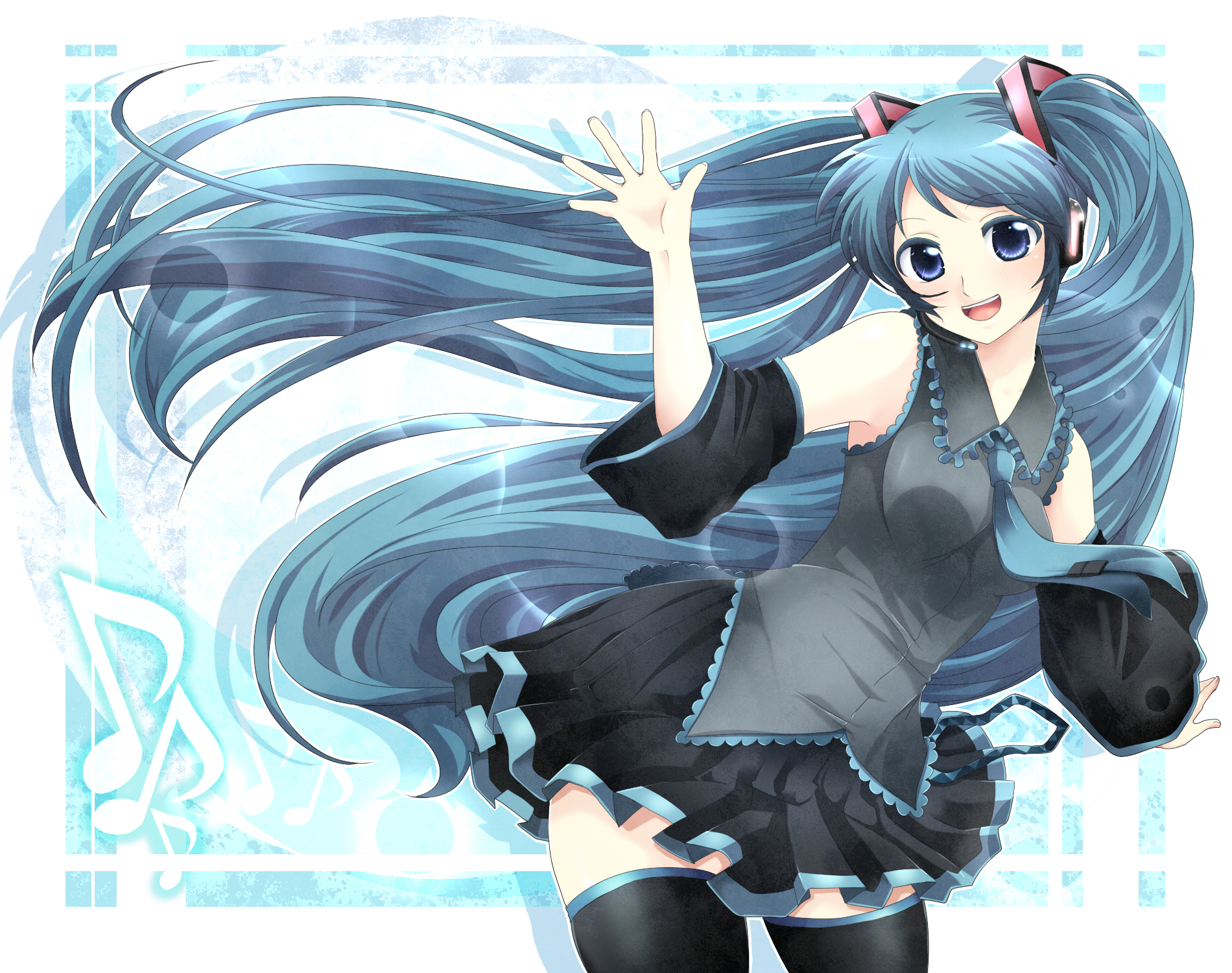 isuka, hatsune miku, vocaloid, highres, 1girl, aqua eyes, aqua hair, detached sleeves, female focus, long hair, necktie, skirt, solo, thighhighs, twintails, zettai ryouiki