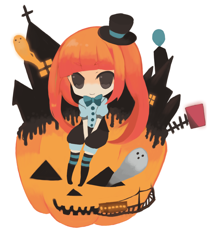 michocolate, michoko, hatsune miku, mrs.pumpkin no kokkei na yume (vocaloid), vocaloid, 1girl, alternate color, alternate hair color, boots, brown eyes, chibi, female focus, ghost, hat, jack-o'-lantern, mini hat, mini top hat, orange hair, pumpkin, sitting, socks, solo, striped clothes, striped socks, top hat, twintails